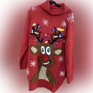 Ugly Christmas Sweaters Long Sleeve Pullover turtle neck small but roomy Rudolph